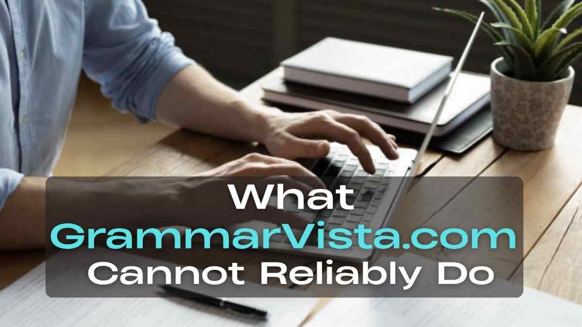 GrammarVista.com USA guide explaining what the platform cannot reliably do, featuring a person using a laptop for online writing, grammar improvement, and professional communication research.
